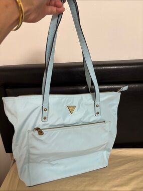 GUESS Pale Blue Nylon Tote with Gold Accents